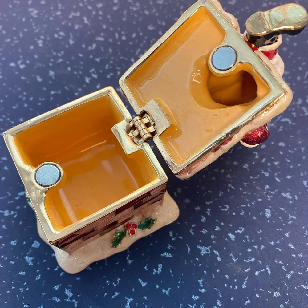 Kubla Crafts Bejeweled Enamel Over Pewter Santa on Chimney Trinket Box